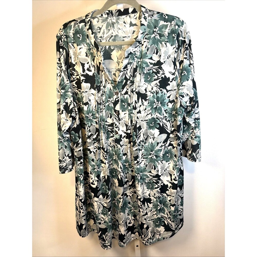 Serengeti Green/white Floral V-neck 1/2 Button Knit Top Tunic Dress 1X